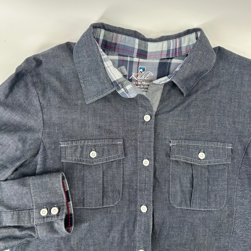 Kuhl Button Down Shirt Womens Small Gray Blue Organic Cotton Tencel Hiking Top